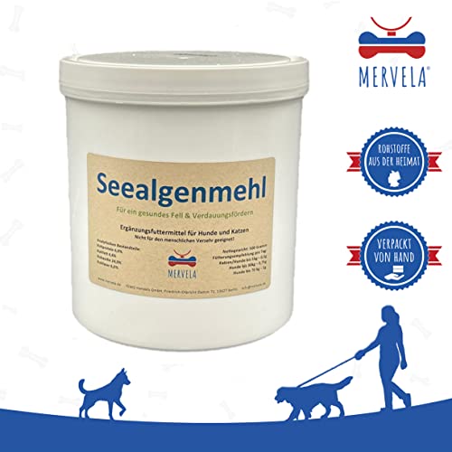 MERVELA Seealgenmehl Hunde | 500 Gramm | Mineralien Algen Hund | unterstützt Maul, Fell, Haut und Schilddrüse | optimales Barf Zusatz | Barf Pulver Futterzusatz | Barf Complete Nahrungsergänzung