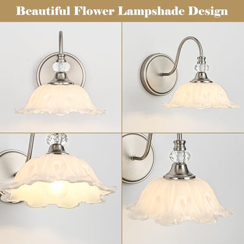 Image of 1 Piece Brushed Nickel Wall Sconce with Floral White Glass Shade, Brushed Nickel Finish Wall Mount Lighting for Bathroom, Modern Bathroom Vanity Light Fixture