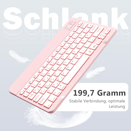 Vobafe Bluetooth Tastatur mit Telefonhalter für iOS/Android/Windows, Kabellose Tablet Tastatur für iPad/iPhone/Samsung/Laptop, Ultradünn Deutsche QWERTZ iPad Keyboard, 7 Farben Beleuchtete, Hellrosa