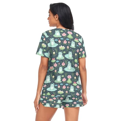 CHIFIGNO Ensemble de pyjama 2 pièces à manches courtes pour femme, ensemble haut et short, vêtements de nuit doux pour femmes, tailles S à XXL, Grenouilles mignonnes fleurs amusantes-1, M – vue 2
