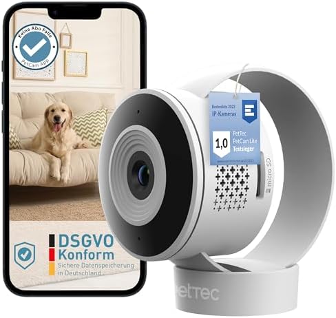 PetTec® Cam Lite - 3MP Haustierkamera Hundekamera mit App [OHNE ABO-Falle] - Katzen & Hunde Kamera Zuhause mit Bewegungserkennung & Nachtsichtfunktion - Pet Cam mit Geräuscherkennu