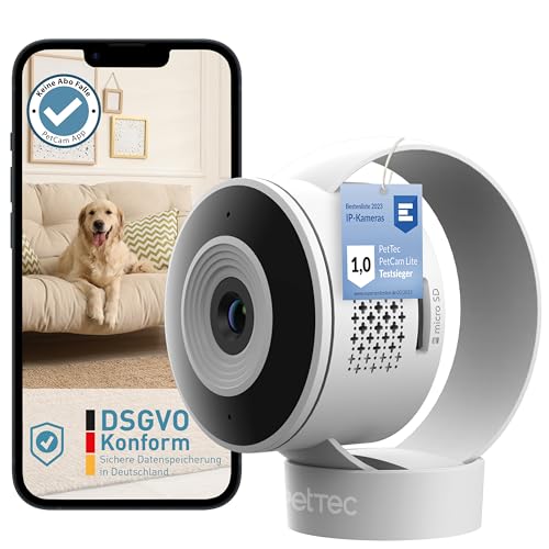 PetTec® Cam Lite - Haustierkamera Hundekamera mit App [OHNE ABO-Falle] - Katzen & Hunde Kamera Zuhause mit Bewegungserkennung & Nachtsichtfunktion - Pet Cam mit Geräuscherkennung & Sprachfunktion