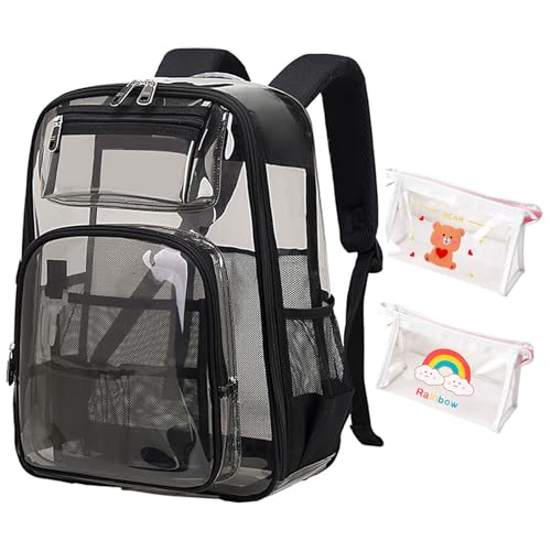 Clear Backpack for School, Heavy Duty & Waterproof Transparent Bag for Stadium Events, Concert, Sports Games, See-Through Bookbag with Pencil Case, Black