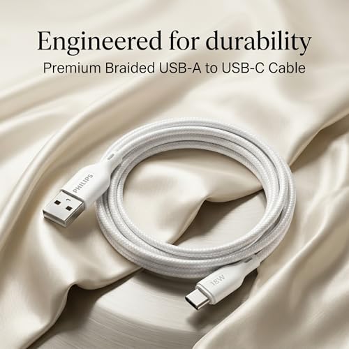Image of PHILIPS DLC4160AW /94 18W Type-A to Type-C Fast Charging Cable (2m, Bright White) | Nylon Braided | Compatible with iPhone 15+ Series, USB-C iPad Models, Samsung Galaxy & All Type C Devices