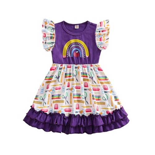 Toddler Girls Back to School Pencil Dress Causal Flutter Sleeve Backless Bow Ruffle Hem Dress Summer Clothes 2-7 Y