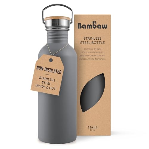 Image of Bambaw Stainless Steel Water Bottle, 750 ml, Grey Sports Bottle, Non-Insulated Metal Water Bottle, Reusable, 750 ml, BPA-Free Flask, Leakproof - Stormy Gray