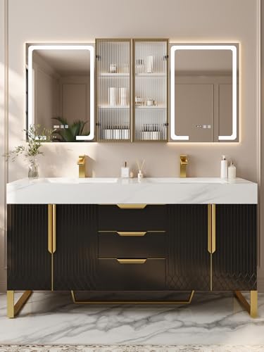homary 60 inch Bathroom Vanity with Double Sink, White Stone