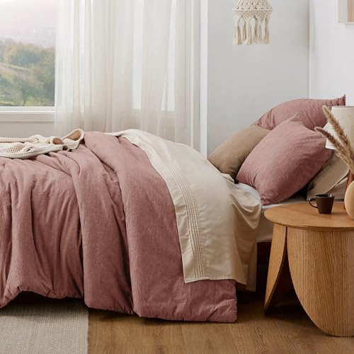 Image of Bedsure Comforter Set Queen Size - Cotton Fabric with Microfiber Inner Fill, Pink Clay PureWoven Soft Bed Set for All Seasons, 3 Pieces, 1 Comforter (90 inch x 90 inch) and 2 Pillow Cases (20 inch x 26 inch)