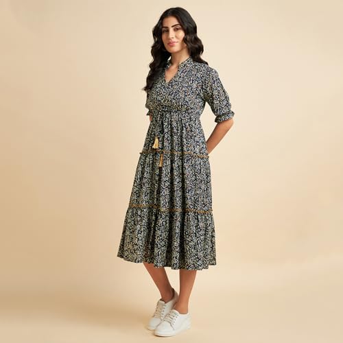 Image of Azira 100% Cotton Printed Fit & Flared Mandarin Collar Midi Dress | Casual Dress | Dress for Woman | Summer Dress