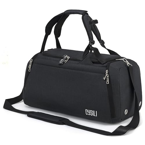 Sports Duffle Bag with Shoes Compartment and Wet Pocket, 42L Waterproof Gym Bag for Men and Women, Durable Travel Duffel Bag with Shoulder Strap and Combination Lock (Black)