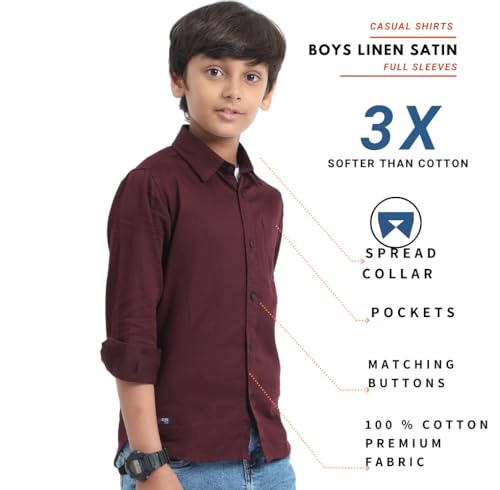 Image of Red Nine Rocket Science Boys' Solid Satin-Finish Poly Cotton Shirt | Single Pocket, Spread Collar, Long Sleeve, Casual