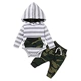 Toddler Boy Clothes 2PCS Camouflage Long Pants+ Striped Long Sleeve Hooded Romper with Pocket...