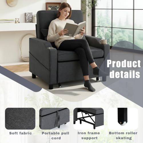 Image of Convertible Sleeper Chair, 5-in-1 Pull Out Chair Bed with Adjustable Backrest for Adults, Single Sofa Bed with USB Ports,Side Pocket,Cup Holder for Living Room,Dark Gray