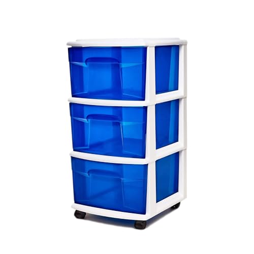 HOMZ Drawer Tower, 3-Tier Clear Blue Plastic Storage Organizer Cart, White Frame - Rolling Drawer Containers with Wheels for Bathroom, Bedroom, Office, and Classroom Organization