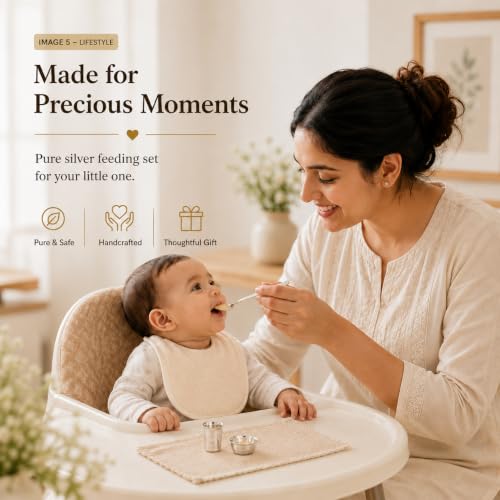 Image of 98% Pure Silver Baby Feeding Set | 3-Piece Silver Bowl, Spoon & Glass Tumbler | Ideal Gift for Baby Shower, Annaprashan, Naming Ceremony, Newborn, Housewarming & Diwali