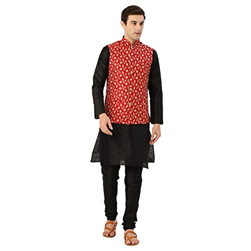 Image of SOJANYA (Since 1958 Men's Cotton Linen Maroon Kurta and White Pyjama with Mustard Cotton Nehru Jacket