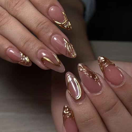 Image of Press on Nails Gold Fake Nails Medium Almond False Nails with Glitter Design Glue on Nails Glossy Full Cover Nail Press ons Artificial Acrylic Stick on Nails for Women Girls Manicure 24 Pcs