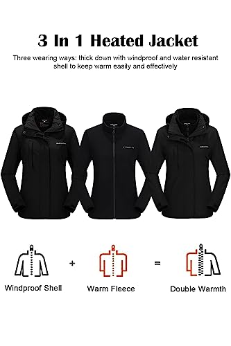 Venustas Heated Jacket For Women, 3 In 1 Winter Jacket With Battery Pack 7.4V, Water Resistant Ski Coat With Removable Hood #TOP2