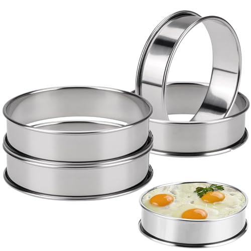 Tinkber 4 Piezas de Anillos de Bollo, Anillos Antiadherentes para Hornear Magdalenas, Molde Redondo para Pasteles de Acero Inoxidable, para Hornear Galletas, Postres, Panqueques y Muffins