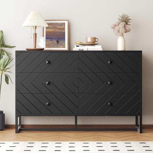 Image of MAISONPEX Black Dresser for Bedroom with 6 Drawers, Wood Dresser with Metal Handles, Wide Chest of Drawers, 6 Drawer Dresser for Living Room, Entryway, Hallway