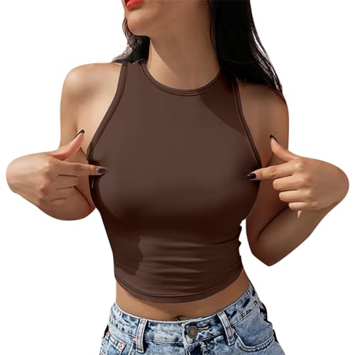 Camiseta sin mangas casual para mujer, camiseta básica para mujer, cuello cuadrado, acanalada, sin mangas, básica, linda, para salir, ropa de verano Y2000, espuma con purpurina, marrón, L