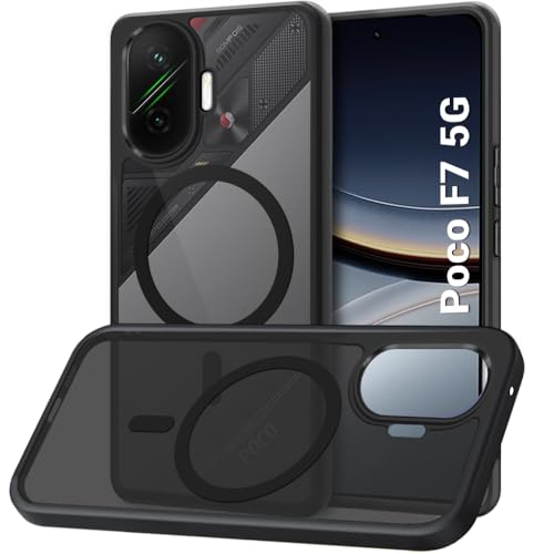 Image of TheGiftKart Hybrid Shockproof Back Cover Case for Mi Poco F7 5G | Hard Back Cover Case for Poco F7 5G (PC & TPU, MagSafe Compatible, Translucent Smoke Matte Back, Black Sides)