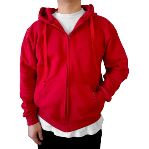 Highfundamental Mens Zip up Fleece Hoodie Sweatshirts Heavyweight Long Sleeve Active Jackets with 2 Pockets Red
