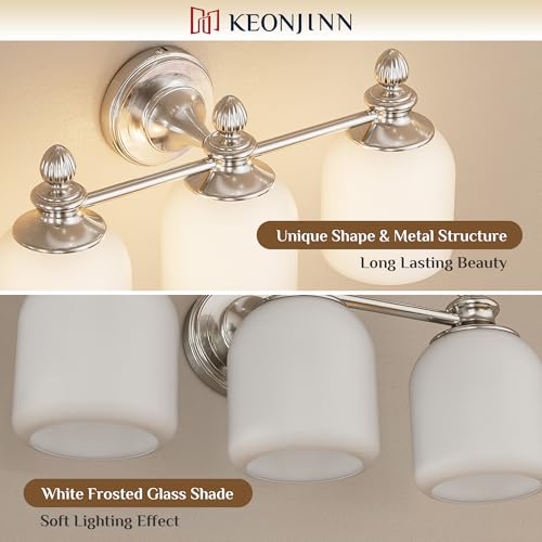 Keonjinn Brushed Nickel Bathroom Light Fixtures, 4-Light Vintage Vanity Lights for Mirror with Frosted Glass Shades, UL Listed E26 Base Reversible Vanity Lighting Fixtures for Wall(Bulbs Not Included) by Keonjinn - Image 3