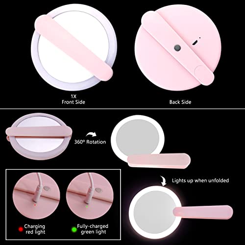 Bueuo Makeup Compact Hand Mirror Led Round Makeup Mirror With Usb Rechargeable And Lipstick, Magnification Vanity Mirror Foldable Travel Mini Compact Handle Mirror (Pink) #TOP4