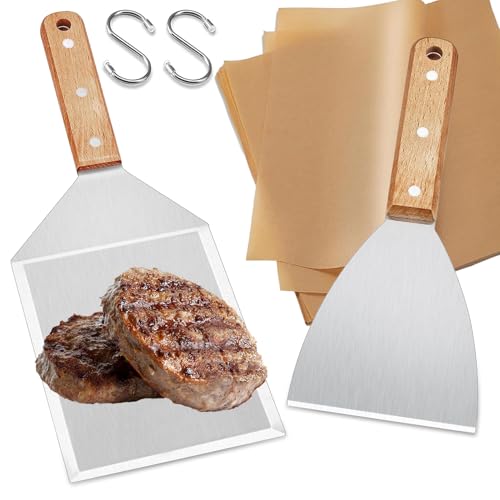 Espátula de cocina de acero inoxidable, 2 espátulas para hamburguesa, espátula para barbacoa con mango de madera, para hamburguesas y pizzas, con 20 papeles