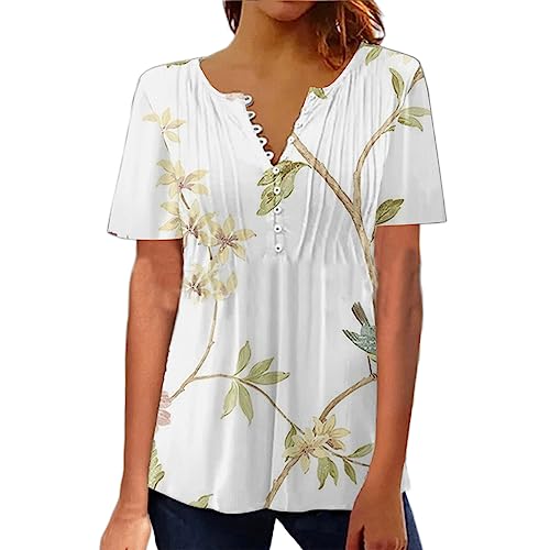 2023 New Womens Floral Short Sleeve Button V Neck Shirts