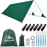 IEE ILULU Toldo de Refugio Camping, 3x3m Tiendas de Campaña, Tarp Impermeable Exterior, Anti-Viento Toldos con 6 Estacas y 6 Cuerdas para Piscina Jardín Pesca Senderismo Mochila (Verde, 3x3m-led)