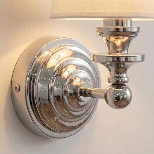 Image of Antique Linen Shade Wall Sconce- Brass Finish Base and Conical Fabric Shade Wall Light Fixture for Bathroom, Bedroom, Dining Room and Entryway(6.5 inch D x 11.5 inch H Chrome)