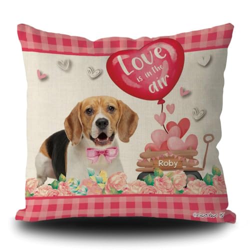 GABSHAIM Dog Valentines Day Pillow Cover Beagle Love is in The Air Hearts Balloon Anniversary Wedding Home Decor Pillow Cushion Case Linen Custom Style 2