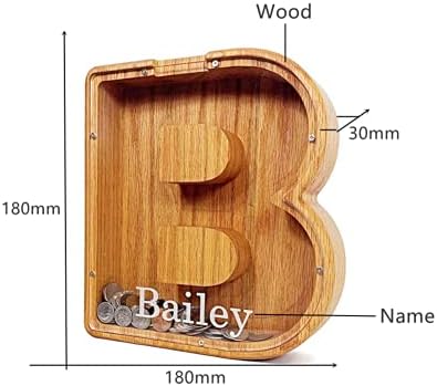 Lovejewellery Wooden Piggy Bank A~Z Letters Shape Wooden Cash Box for Boys Girls Coin Saving Personalised Wooden Money Bank Money Jar for Man Woman Birthday Christmas Indoor Decoration(DE-FA100856)