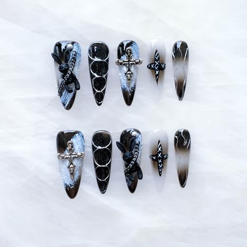 GLORS Gothic Press-On Nails, Long Stiletto Shape, Black with 3D