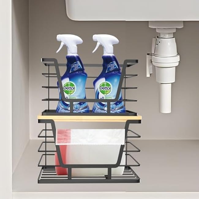 Sinnsally Trash Bag Storage Organizer Box,Trash Bag Dispenser Roll Holder Under Sink Garbage Dispenser,Stackable Wall Mount Kitchen Pantry Organizer with Bamboo Top for Laundry Organization(Large Set)