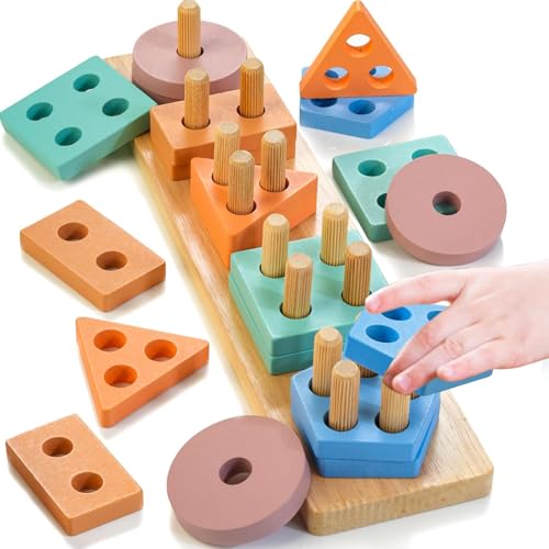 Image of PLUSPOINT Wooden Sorting & Stacking Toy, Colour Recognition Shape Sorter Puzzle Montessori Educational Learning Toy for Girls Boys Children Age 1 2 3 Activity Puzzle Blocks Column Set for Kids