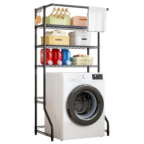 FTEYUET Washing Machine Storage Unit Over The Washer and Dryer Storage Shelf Laundry Room Metal Drying Rack with Towels Hangers Space Saver with Adjustable Shelves (Black 50 D x 86 W x 197 H)