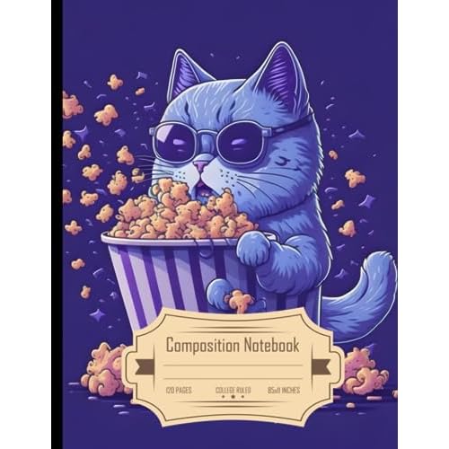Composition Notebook College Ruled: Cool Cat Eating Popcorn, Lavender Neon Splash Background, Cute and Contour Design, Size 8.5x11 Inches, 120 Pages