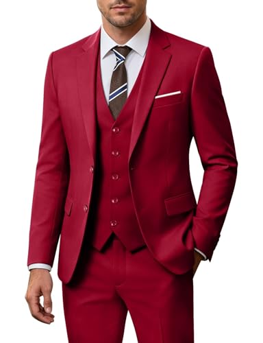 Image of Men's 3 Piece Slim Fit Suit Set, Two Button Blazer Solid Jacket Vest Pants Wedding Business Suit