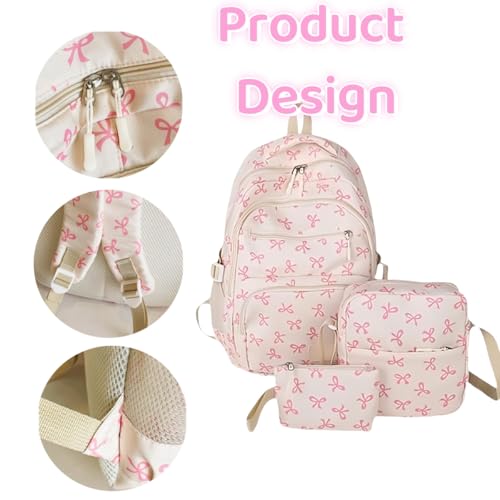 Bow Backpack 3Pcs Set, Cute Kawaii Bow Backpack, Cute Backpackset Large Capacity with Built-in Organizer (white)2
