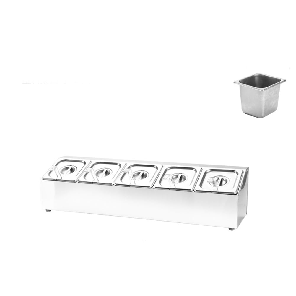 Estante de especias de acero inoxidable con cucharones, estación de cobertura de pizza de 6 rejillas, recipientes de alimentos para ingredientes, salsa, mermelada, ensalada, soporte para estante de