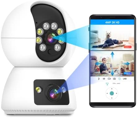 4MP Indoor Camera, Dual Lens Pet/Dog/Cat Camera with Phone App, 360°PTZ Security Baby Monitor with Full Color Night, Motion Tracking, Alarm/Siren, Two-Way Audio, Compatible with Alexa Google