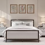 DG Casa Salerno Solid Wood Platform Queen Bed Frame - No Box Spring Needed - Upholstered in Natural Fabric with Nailhead Trim