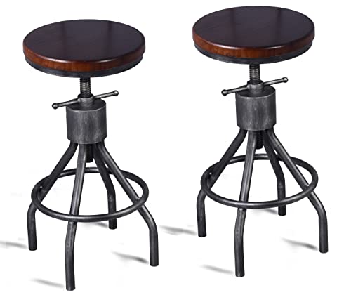 Lokkhan Set 2 Industrial Bar Stool-Vintage Adjustable Round Wood Metal Swivel Stools-23-30 Inch Tall Counter Bar Height Farmhouse Kitchen Stools (Walnut Color) #TOP21