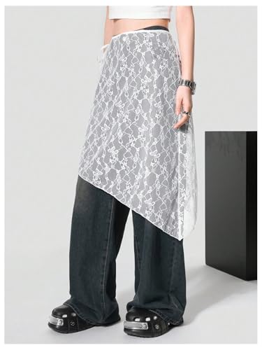 Verdusa Women's Floral Lace Sheer Skirt Tie Knot Asymmetrical Knee Length Skirts2