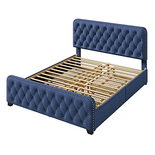 Bellemave Queen Platform Bed Frame With 4 Storage Drawers And Button Tufted Headboard & Footboard, Sturdy Metal Support, No Box Spring Required, Blue #TOP4