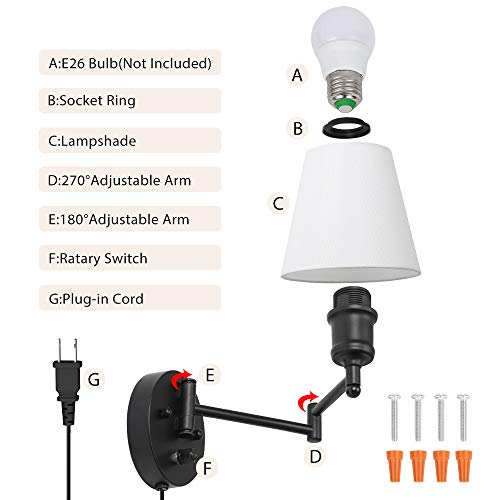 Plug in Wall Sconce Set of 2, Swing Arm Wall Light Fixtures with White Fabric Lampshade, Modern Reading Wall Lights for Bedroom Hallway Living Room - Thumbnail 3