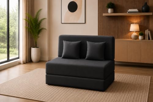 Image of Sofa Cum Bed with Jute Fabric, Convertible Two Seater Sofa Bed 4x6 Ft, Comfortable Cushioned Seating, Space Saving Design for Living Room, Bedroom & Guest Room - Black Color